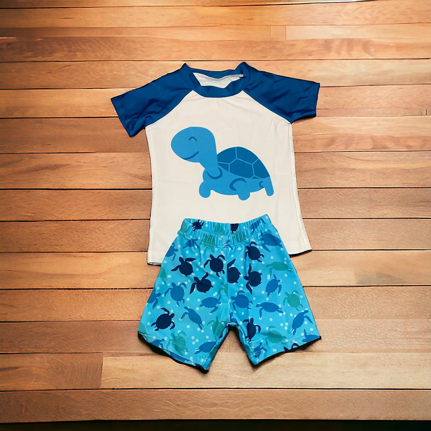 2 piece Blue and white top and shorts swim wear