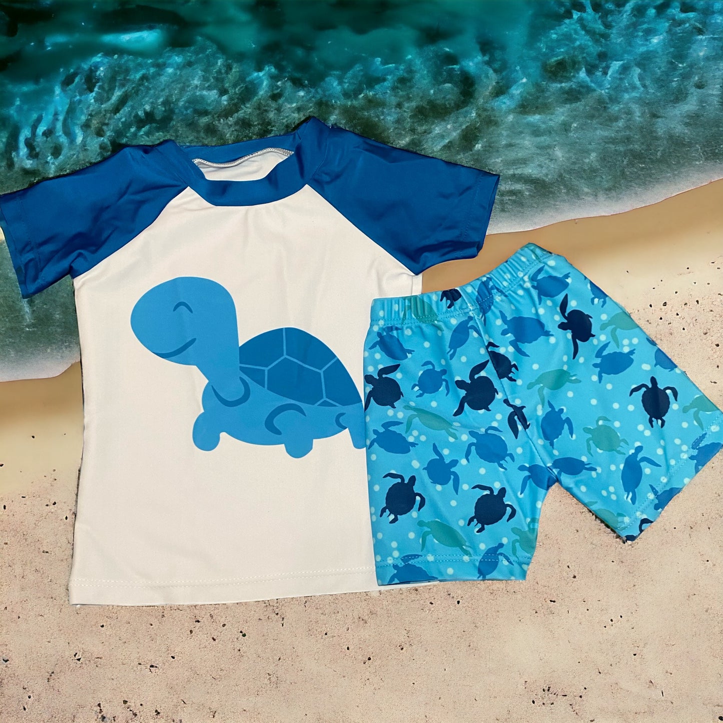 2 piece Blue and white top and shorts swim wear