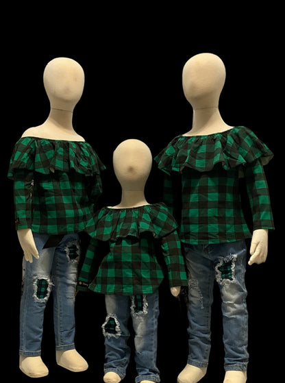 2 piece green and black plaid ruffle long sleeve top with matching jeans