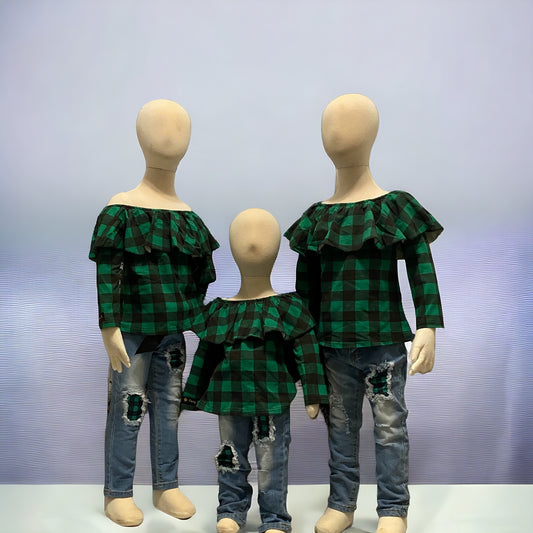 2 piece green and black plaid ruffle long sleeve top with matching jeans