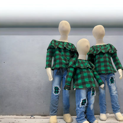 2 piece green and black plaid ruffle long sleeve top with matching jeans