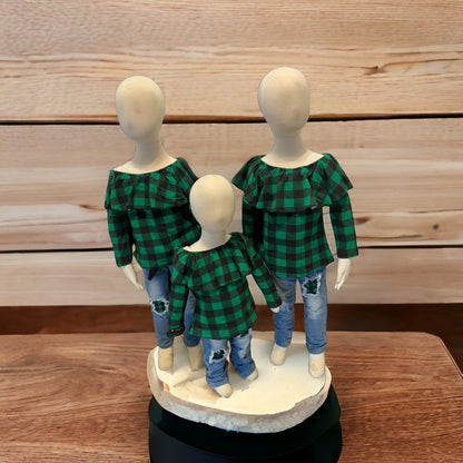 2 piece green and black plaid ruffle long sleeve top with matching jeans