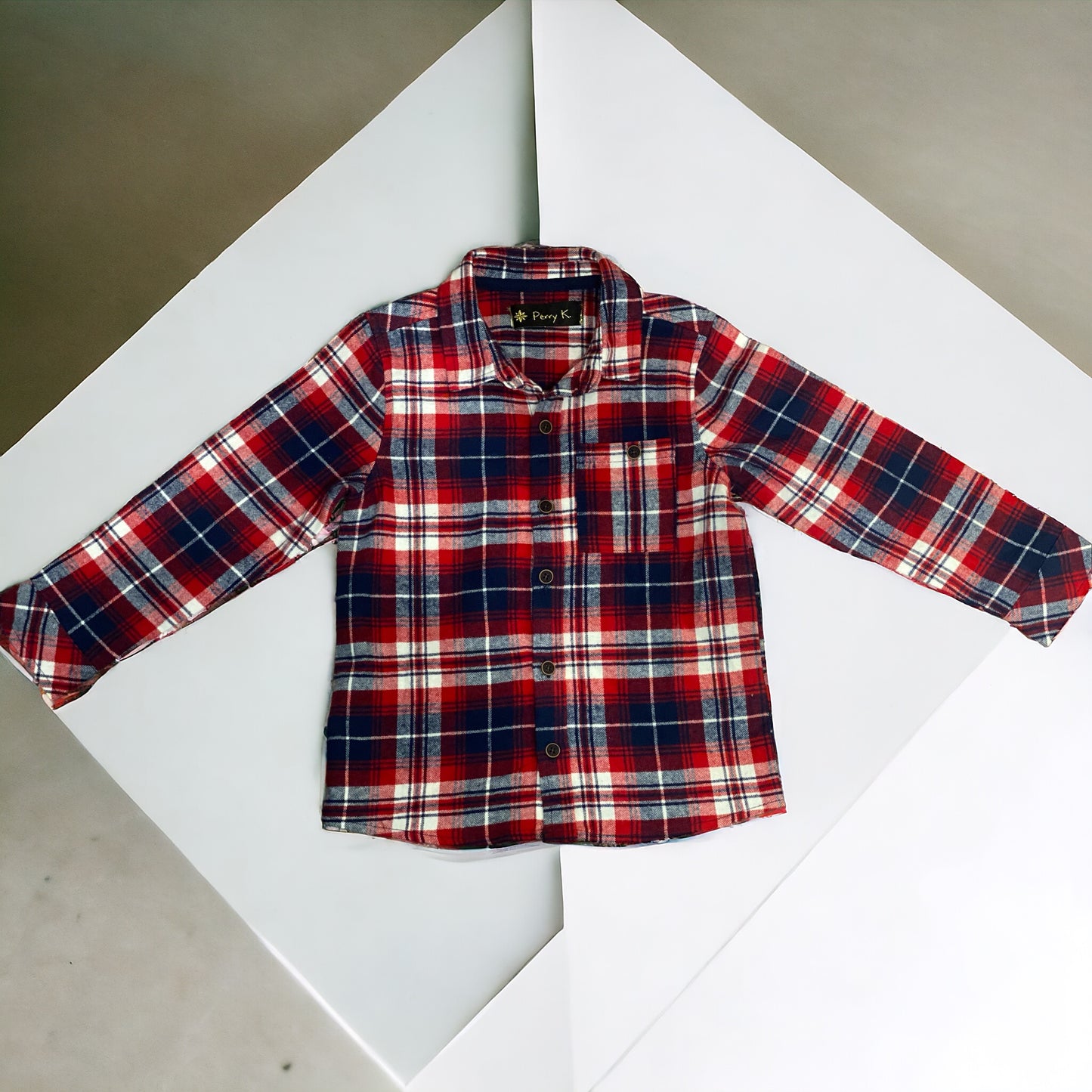 Blue, red, & white plaid long sleeve button up